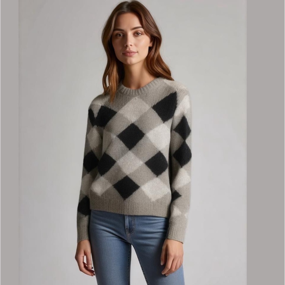 Zara Gray, Black & Cream Argyle Crewneck Sweater